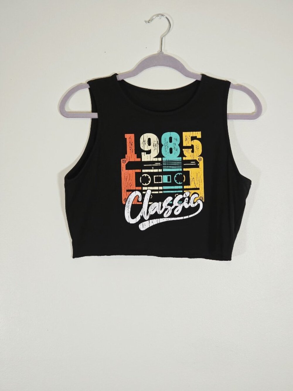1985 Classic Retro Tank Top Black Crop Sleeve size large Fun Vintage Music